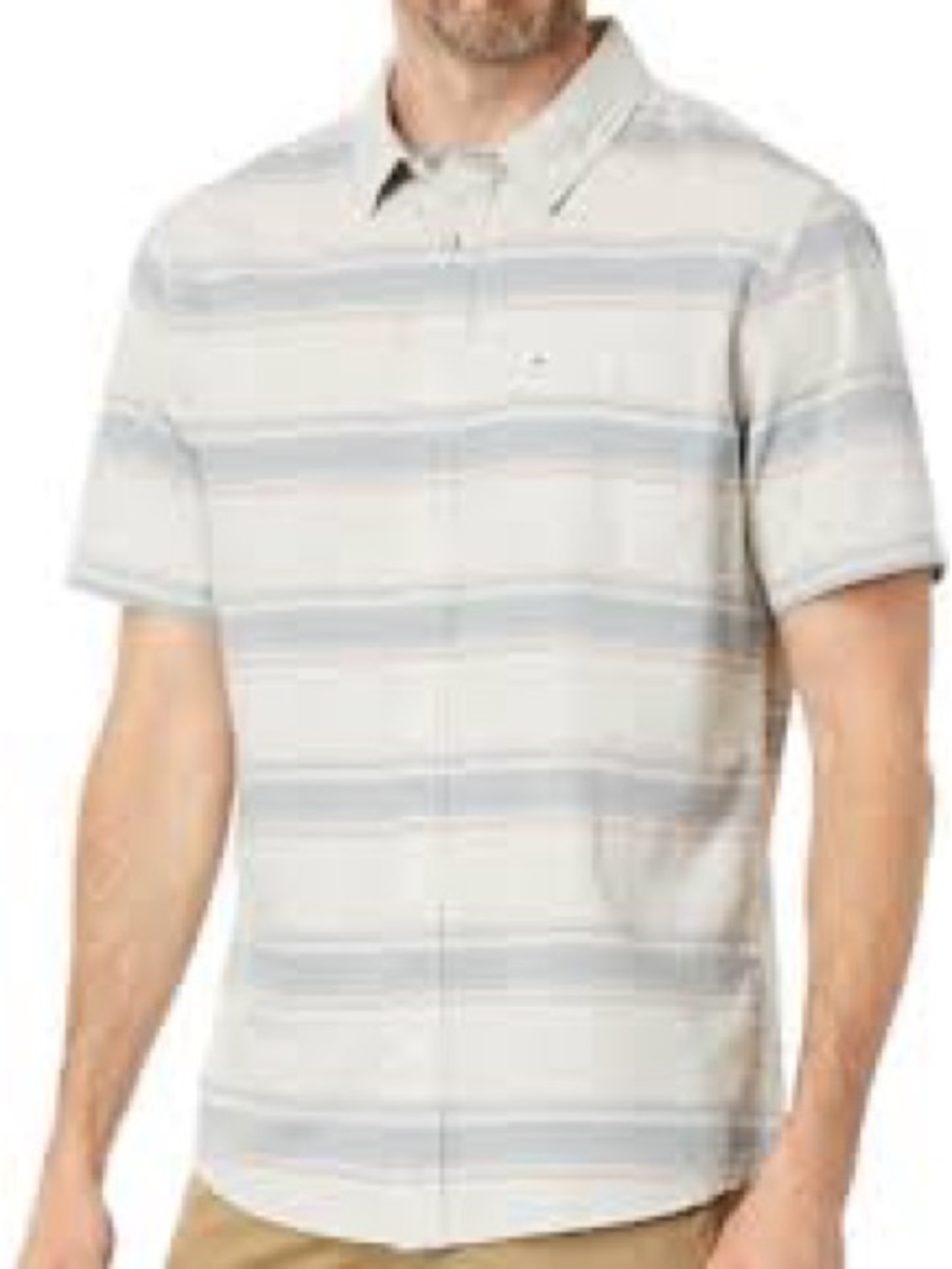 Quiksilver Men's Short Sleeve Button-Down in Light Sage and Blue Stripes